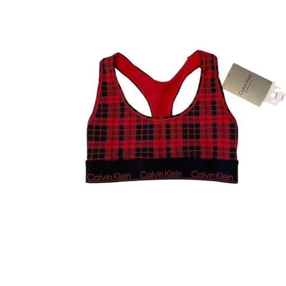 Calvin Klein Modern Cotton Holiday Red Plaid Unlined Bralette Size XS NWT $30 - Picture 1 of 3